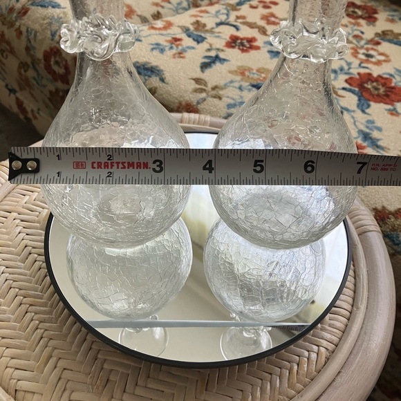 2 BLENKO CRACKLE ICE GLASS CLEAR 7” VASES 1940’s APPLIED NECK RUFFLE BULBOUS - Picture 4 of 15